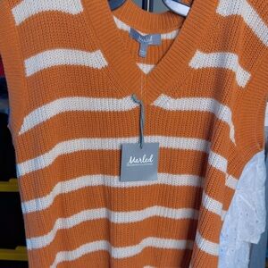 Marled Orange & Cream Striped V-Neck Knit Vest